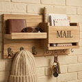 Vintage Wood Wall Organizer with Key Hooks & Mail Rack