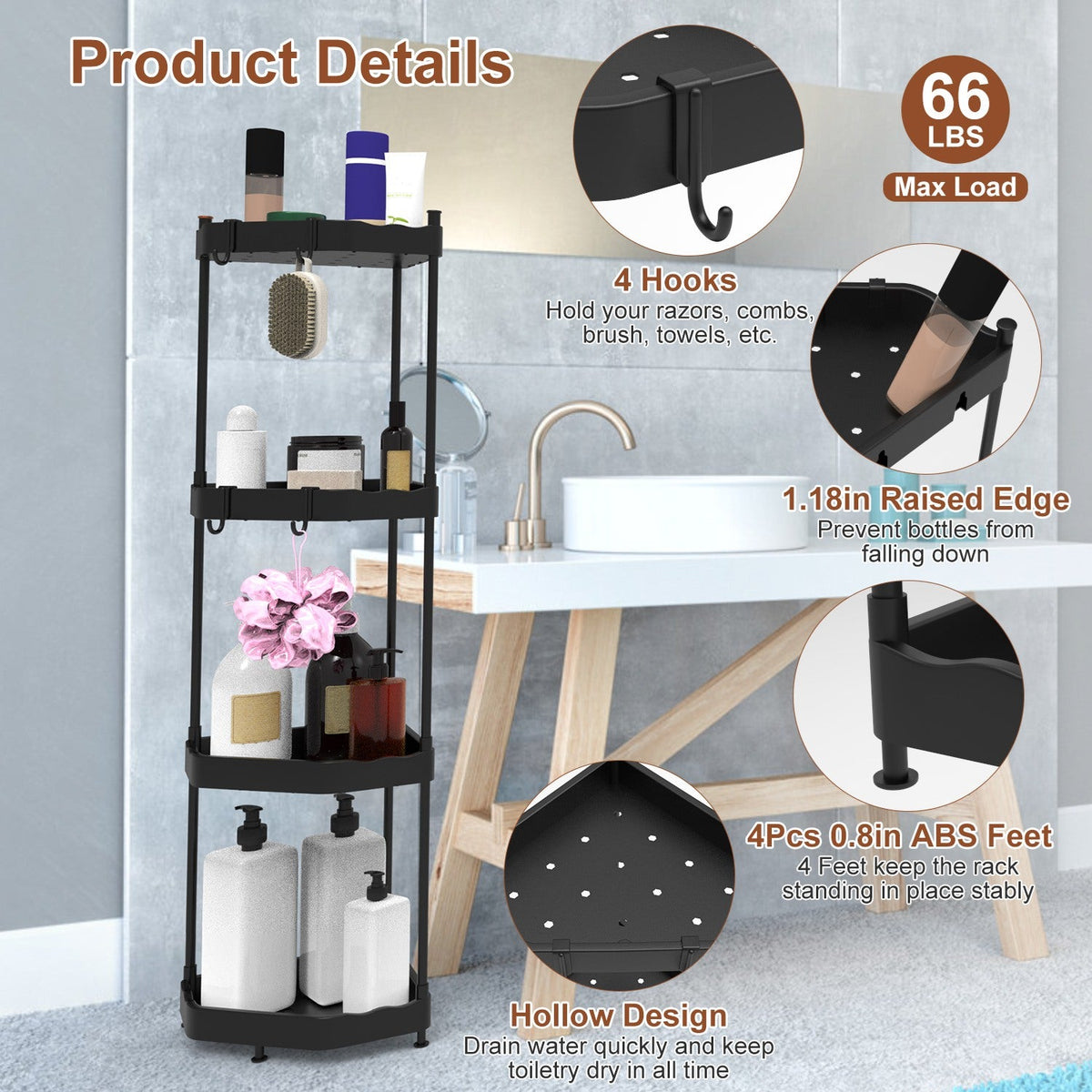 4-Tier Corner Shower Caddy with Hooks