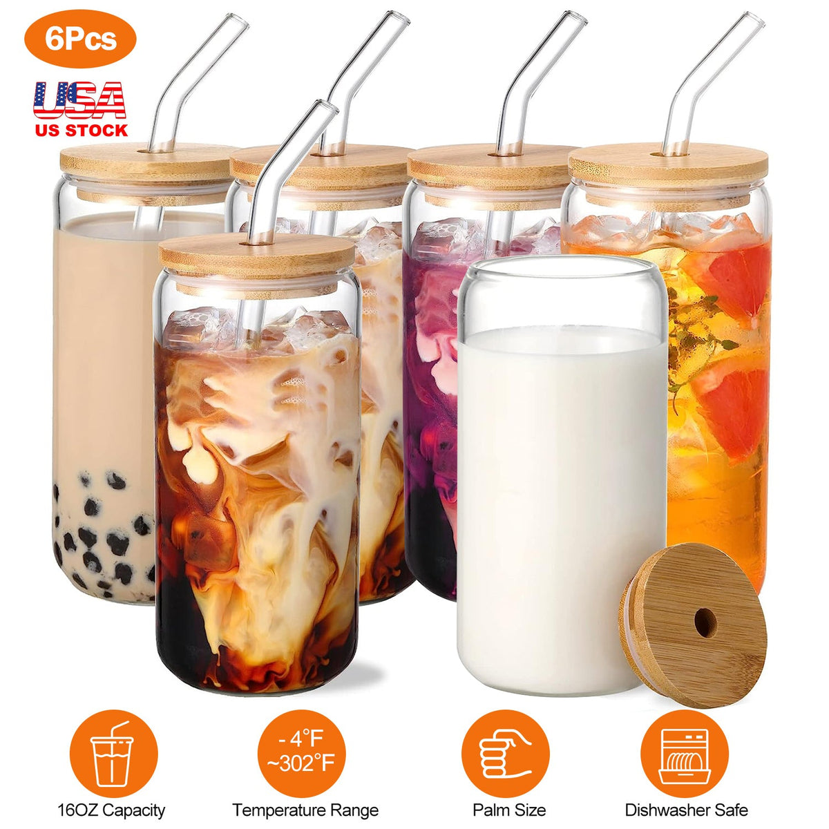 6Pcs Mason Jar Cups with Lid 16OZ