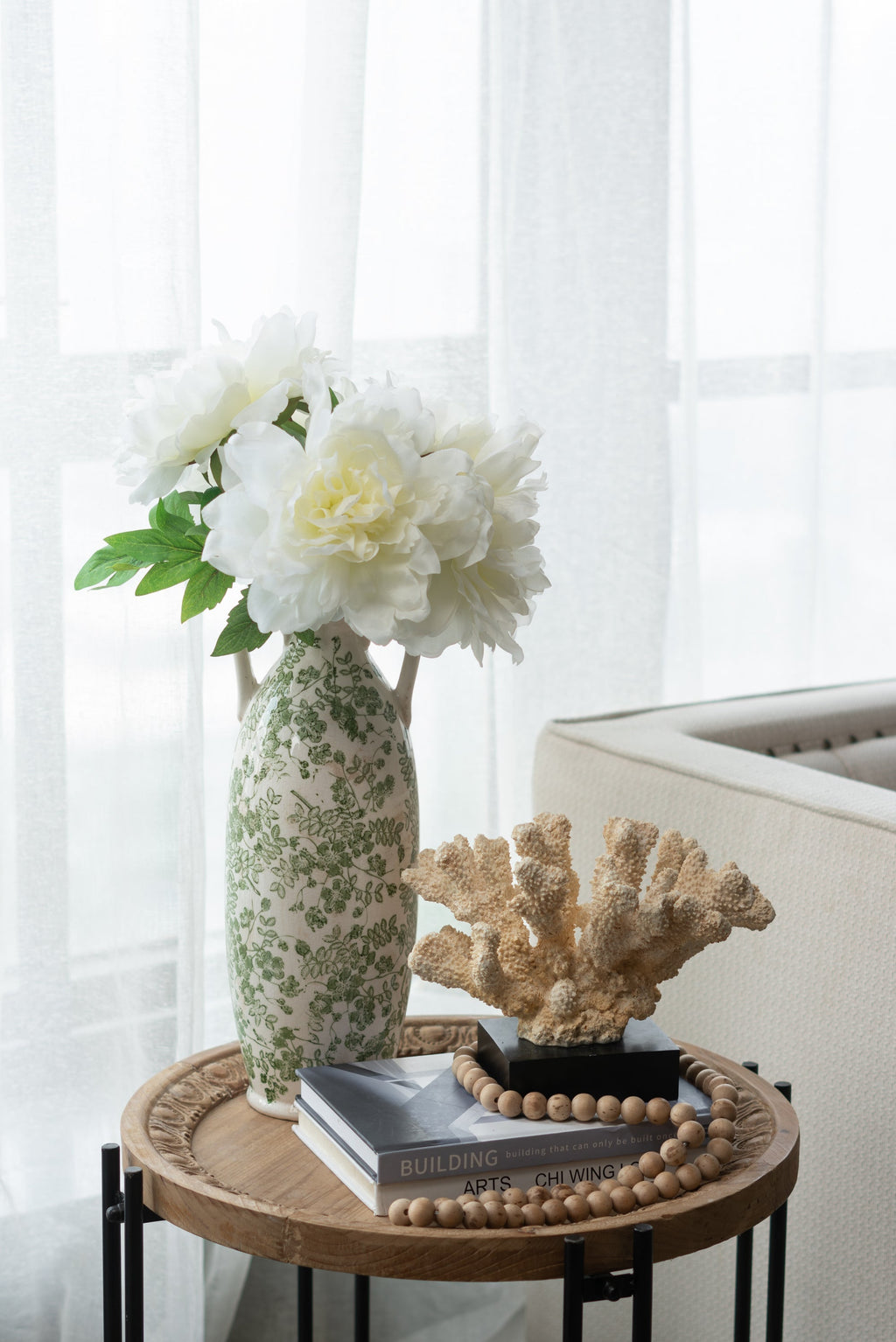 White Ceramic Flower Vase with Green Floral Pattern and Handles - White + Green