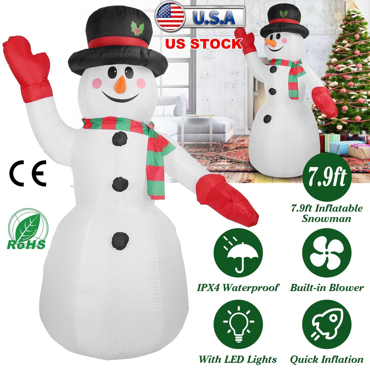 Light-Up Christmas Snowman Inflatable, 7.9 ft