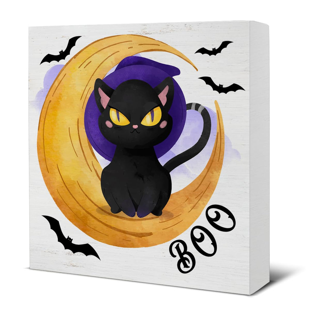 HIJIE Black Cat & Bat Wooden Sign, 5 × 5 in