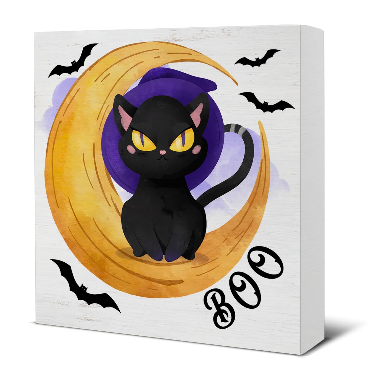 HIJIE Black Cat & Bat Wooden Sign, 5 × 5 in