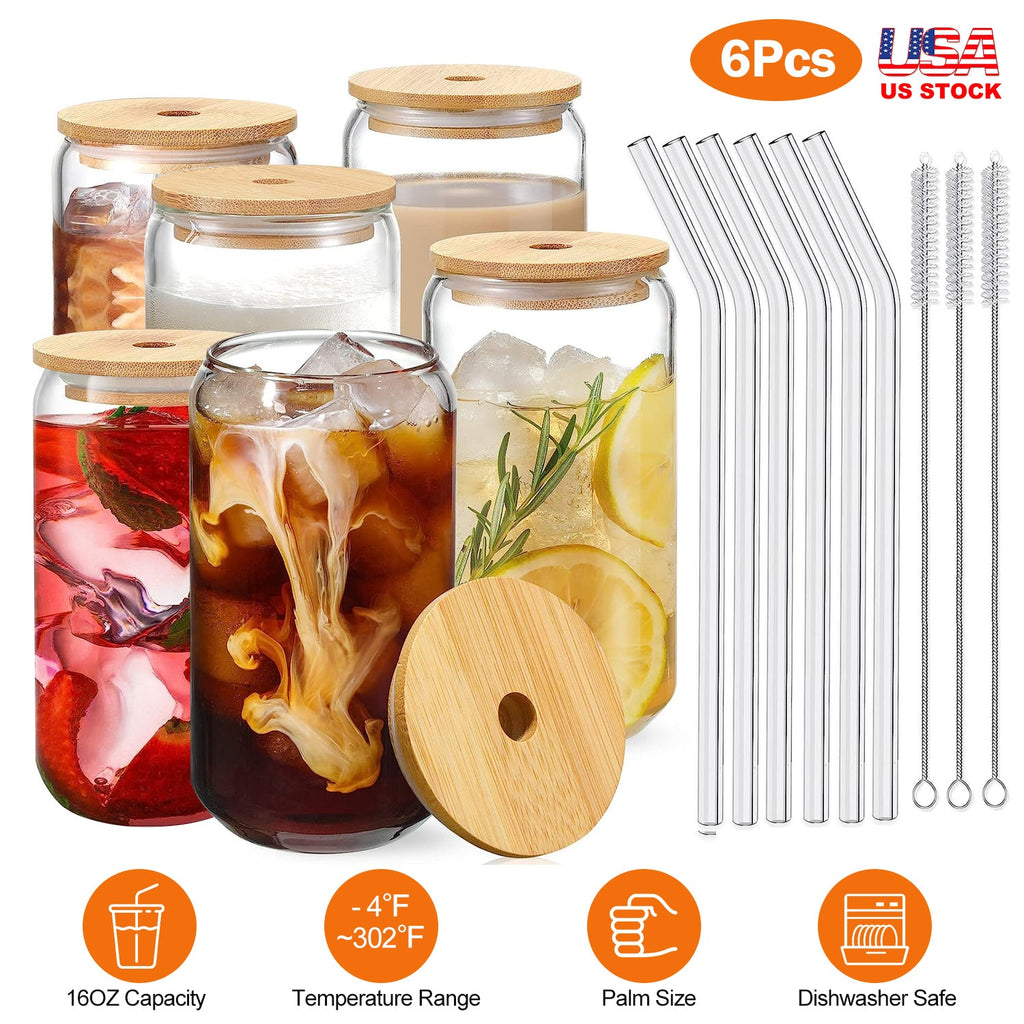 6Pcs Mason Jar Cups with Lid 16OZ