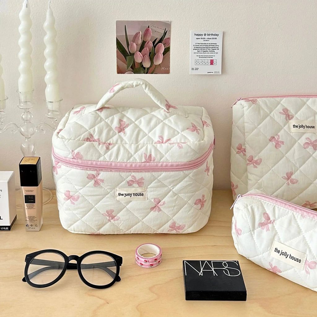 Quilted Cotton Makeup Bag with Bow – S, M or L
