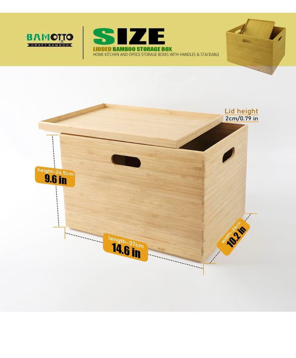 Open Box New  BAMOTTO Lidded Bamboo Storage Bins & Box/Cube/Basket, Home Kitchen and Office Storage Boxes with Handles & Stackable for Organizer Table