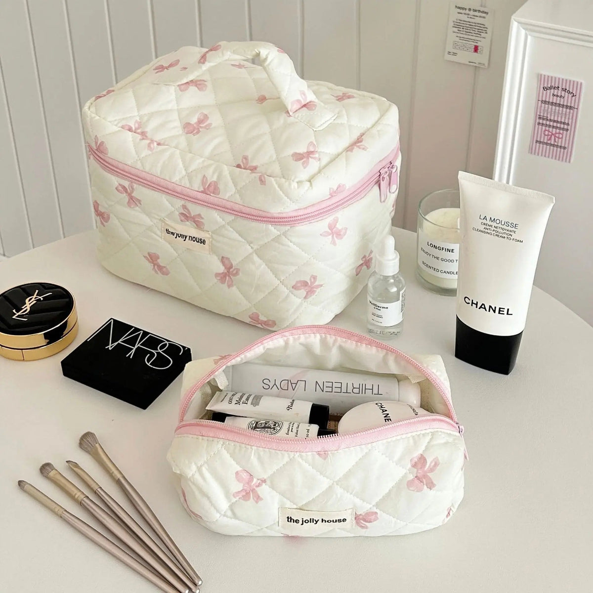 Quilted Cotton Makeup Bag with Bow – S, M or L