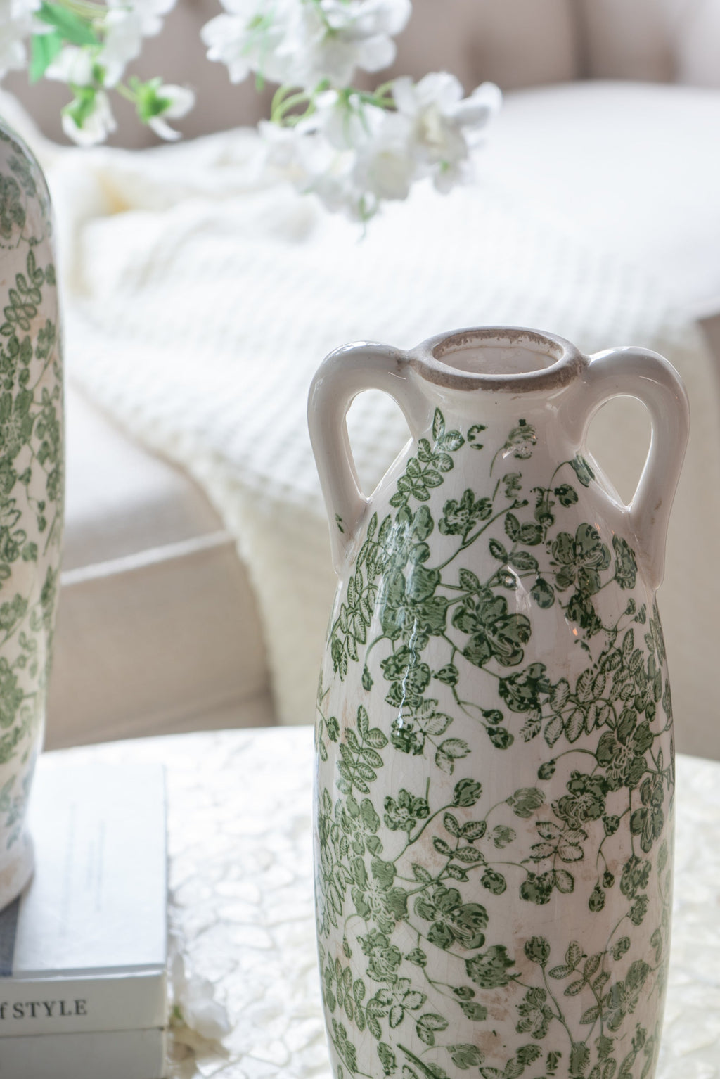 White Ceramic Flower Vase with Green Floral Pattern and Handles - White + Green