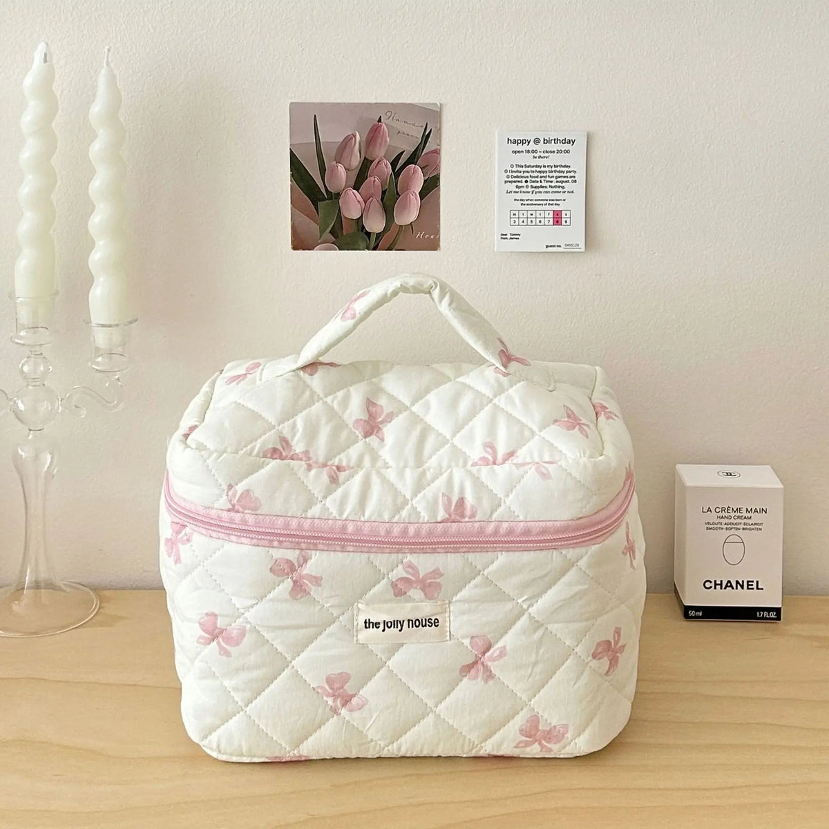Quilted Cotton Makeup Bag with Bow – S, M or L
