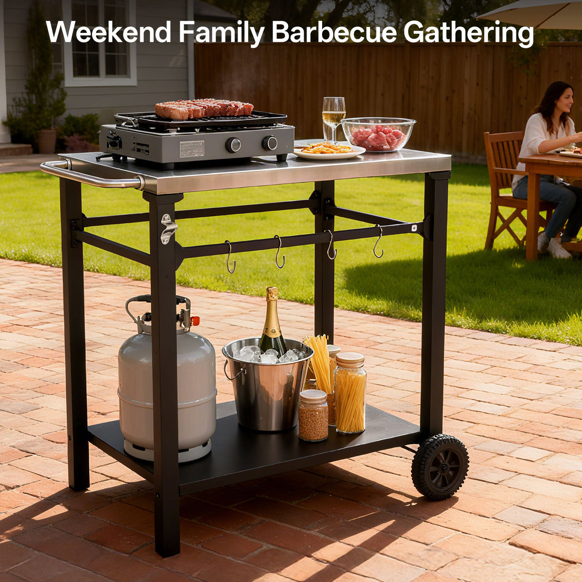 2-Tier Outdoor Grill Cart with Stainless Steel Top - Black