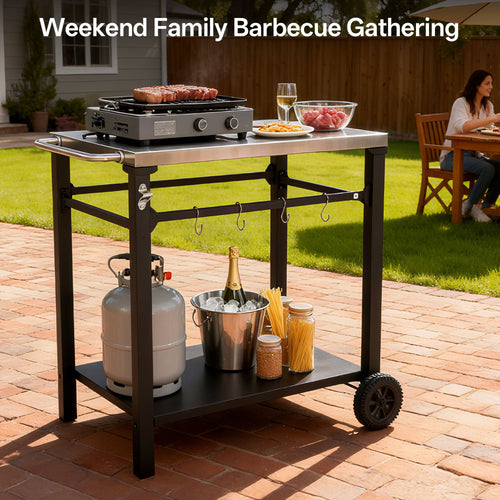 2-Tier Outdoor Grill Prep Cart with Stainless Steel Top