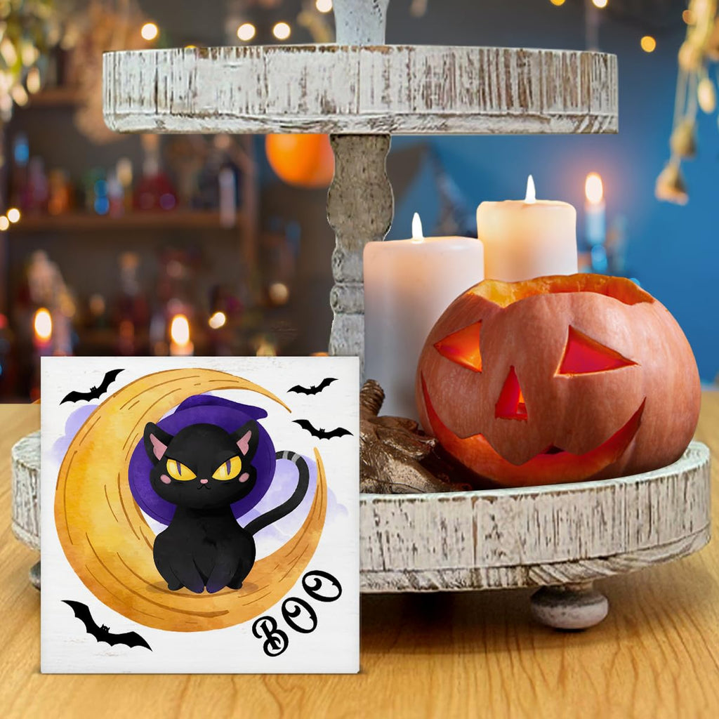 HIJIE Black Cat & Bat Wooden Sign, 5 × 5 in
