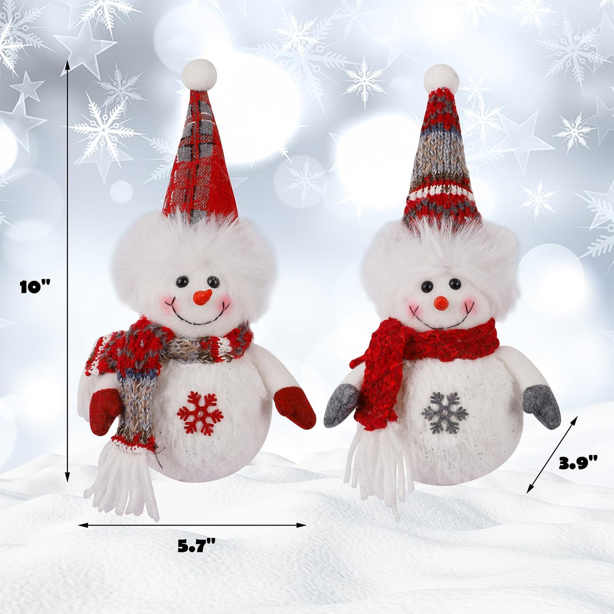 Juegoal 2 Pack Christmas Table Decorations, 10 Inch Lighted Plush Snowmen Figurines, Light Up Snowman Holiday Present, Battery Operated Xmas Gifts Winter Tabletop Ornaments Dinner Party Supplies