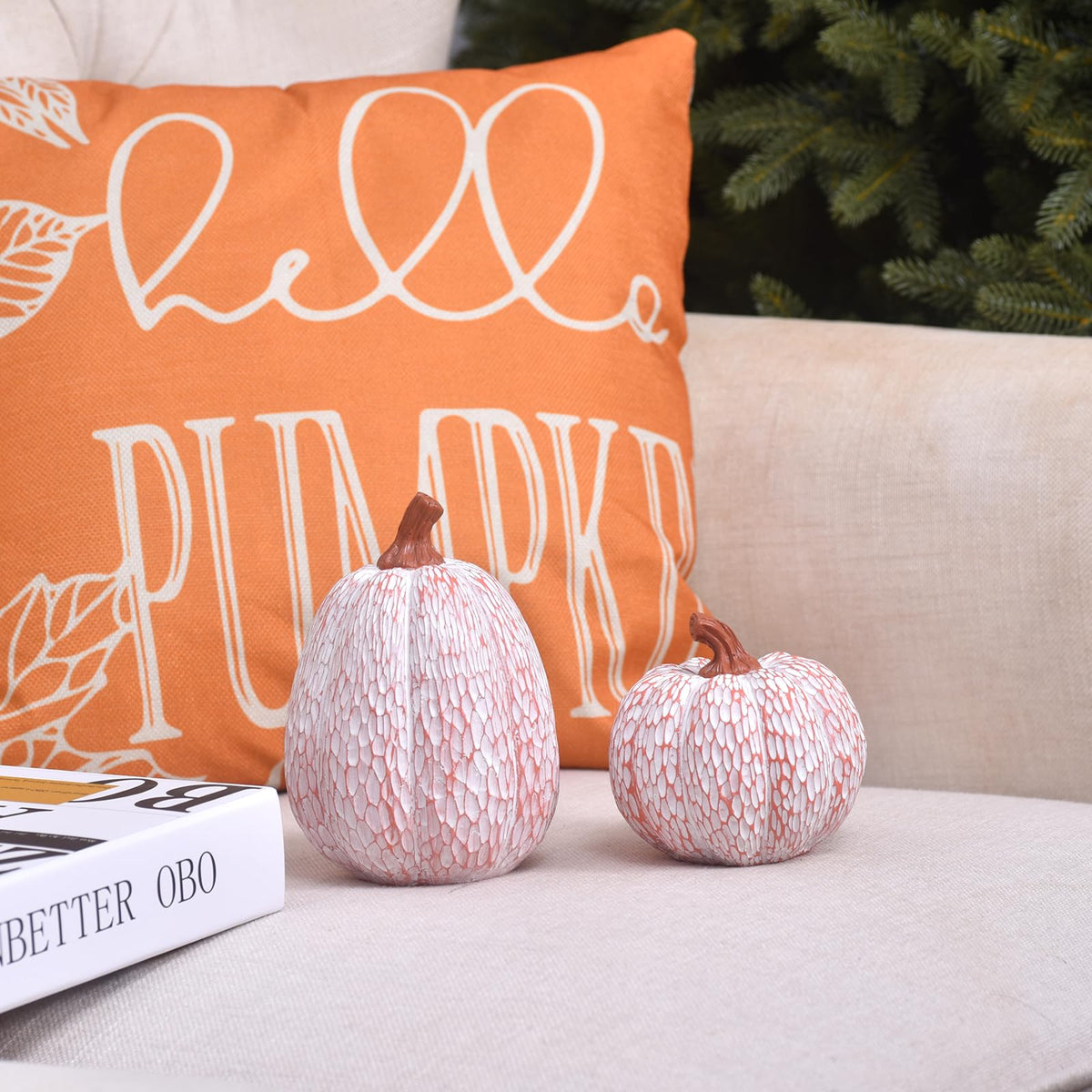 OVOOTOK White Resin Pumpkins, Set of 2