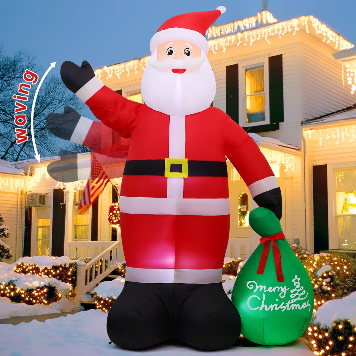 GOOSH 10.3 FT Waving Christmas Inflatable Santa Decorations, Outdoor Christmas Santa Claus with Gift Bag&Animated Hand Blow Up Yard Decor with Built-in LEDs for Xmas Holiday Party Garden Lawn