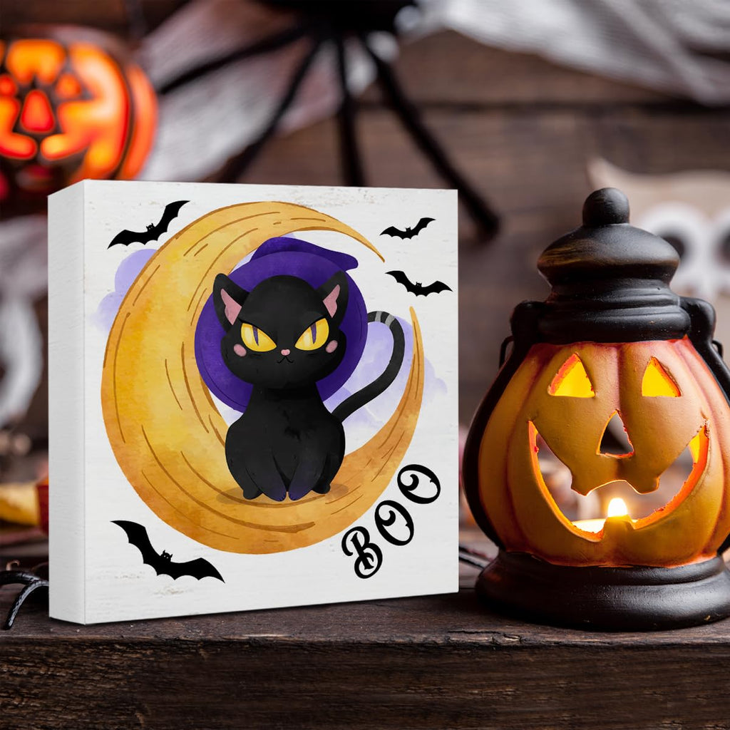 HIJIE Black Cat & Bat Wooden Sign, 5 × 5 in