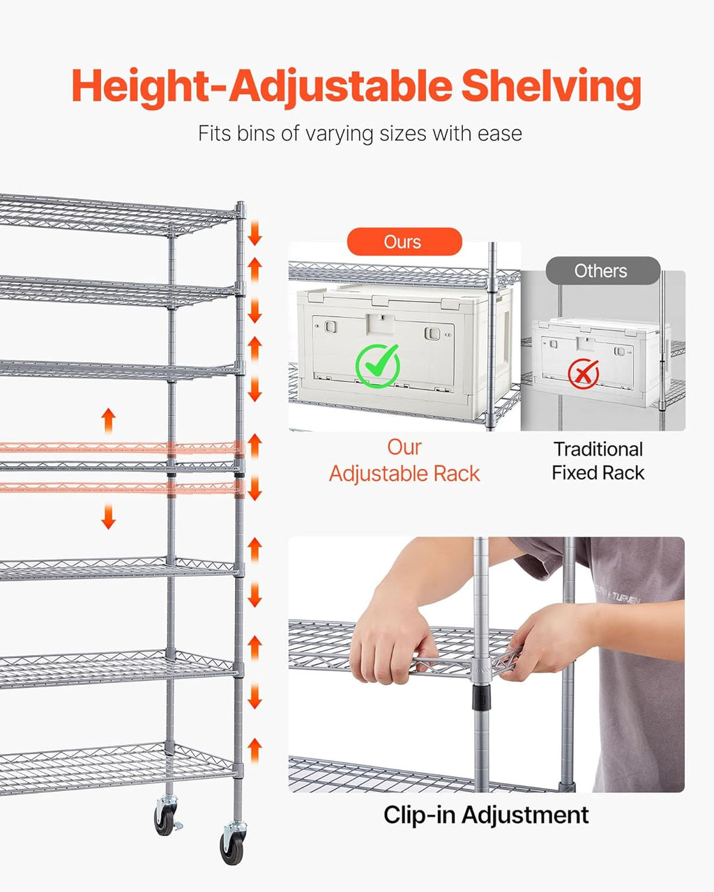 VEVOR 7-Tier Rolling Bin Storage Rack, 26 Organizer Bins, Bin Rack Storage Steel Wire Shelving System with Wheels, Mobile Tool Organizer for Garage, Warehouse, Office, Restaurant, Classroom, Kitchen
