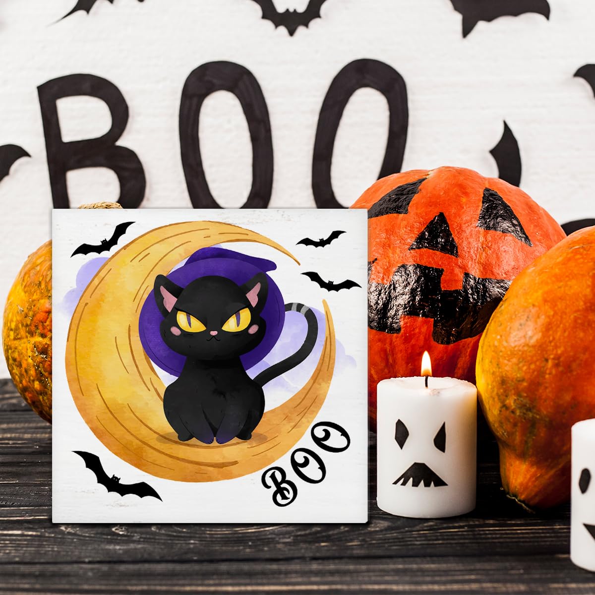 HIJIE Black Cat & Bat Wooden Sign, 5 × 5 in