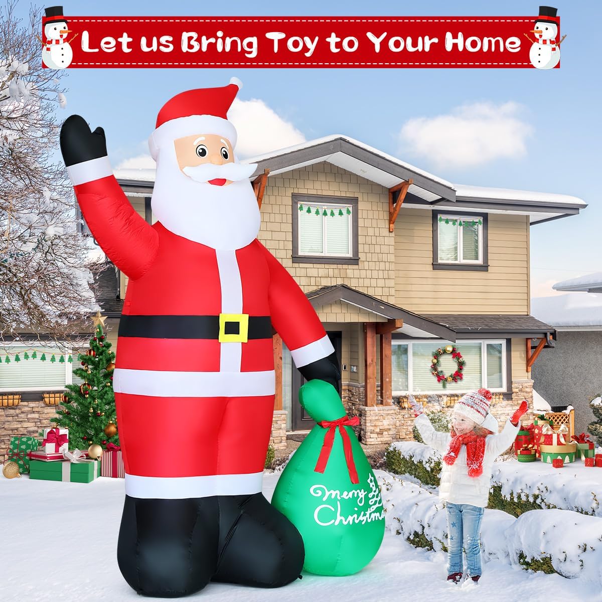 GOOSH 10.3 FT Waving Christmas Inflatable Santa Decorations, Outdoor Christmas Santa Claus with Gift Bag&Animated Hand Blow Up Yard Decor with Built-in LEDs for Xmas Holiday Party Garden Lawn