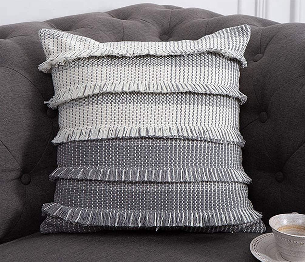 Fennco Styles Two Tone Fringe Cotton Decorative Throw Pillow Cover & Inset 18" W x 18" L - Multicolored Cushion for Home, Couch, Bedroom, Living Room and Office Décor