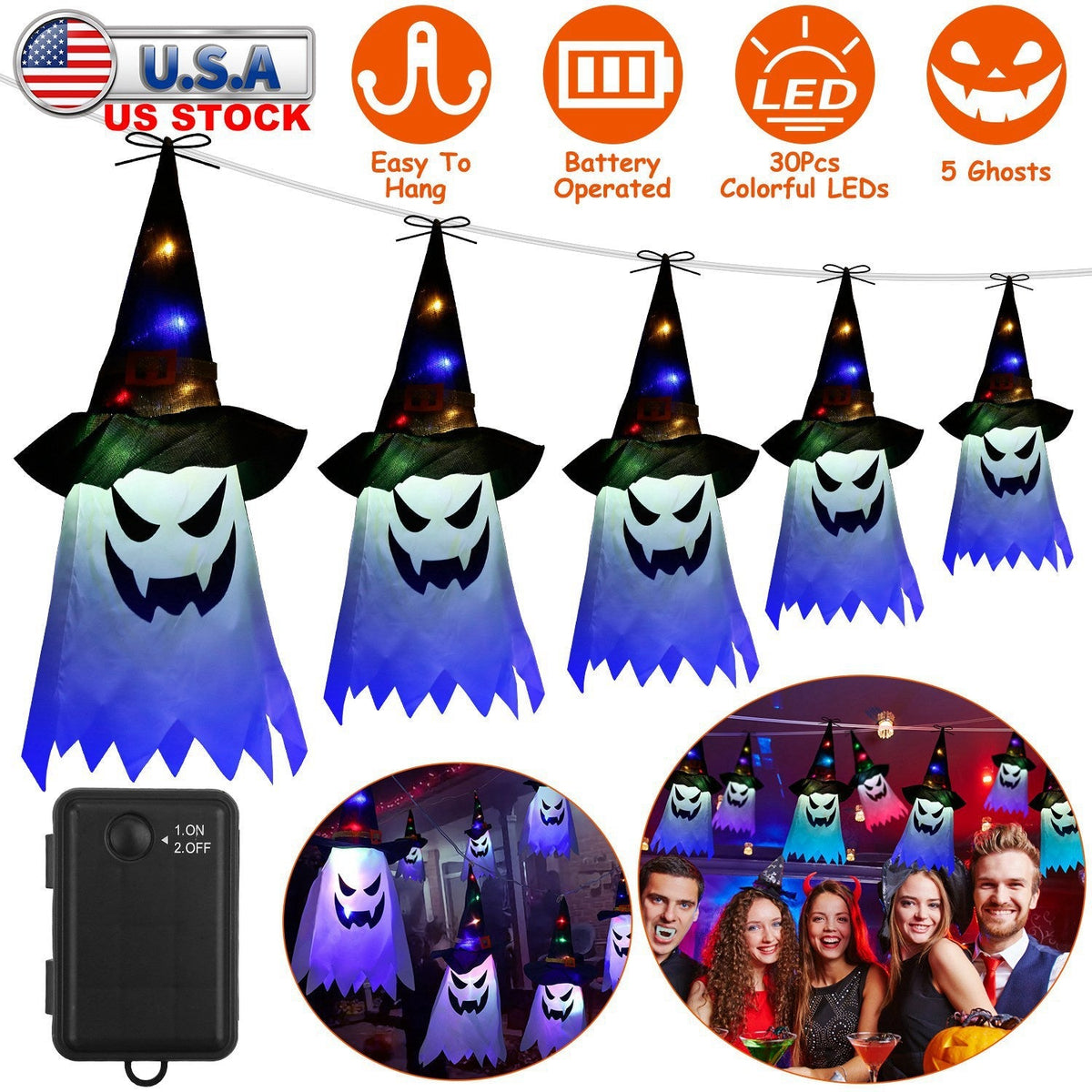 Ghost & Witch Hat Halloween String Lights, 11.6 ft