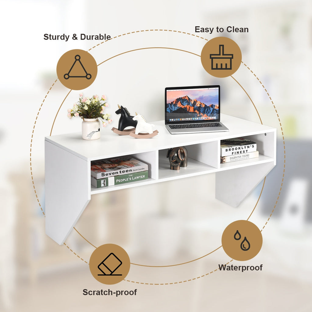 Wall-Mounted Floating Desk with Storage Shelf – White