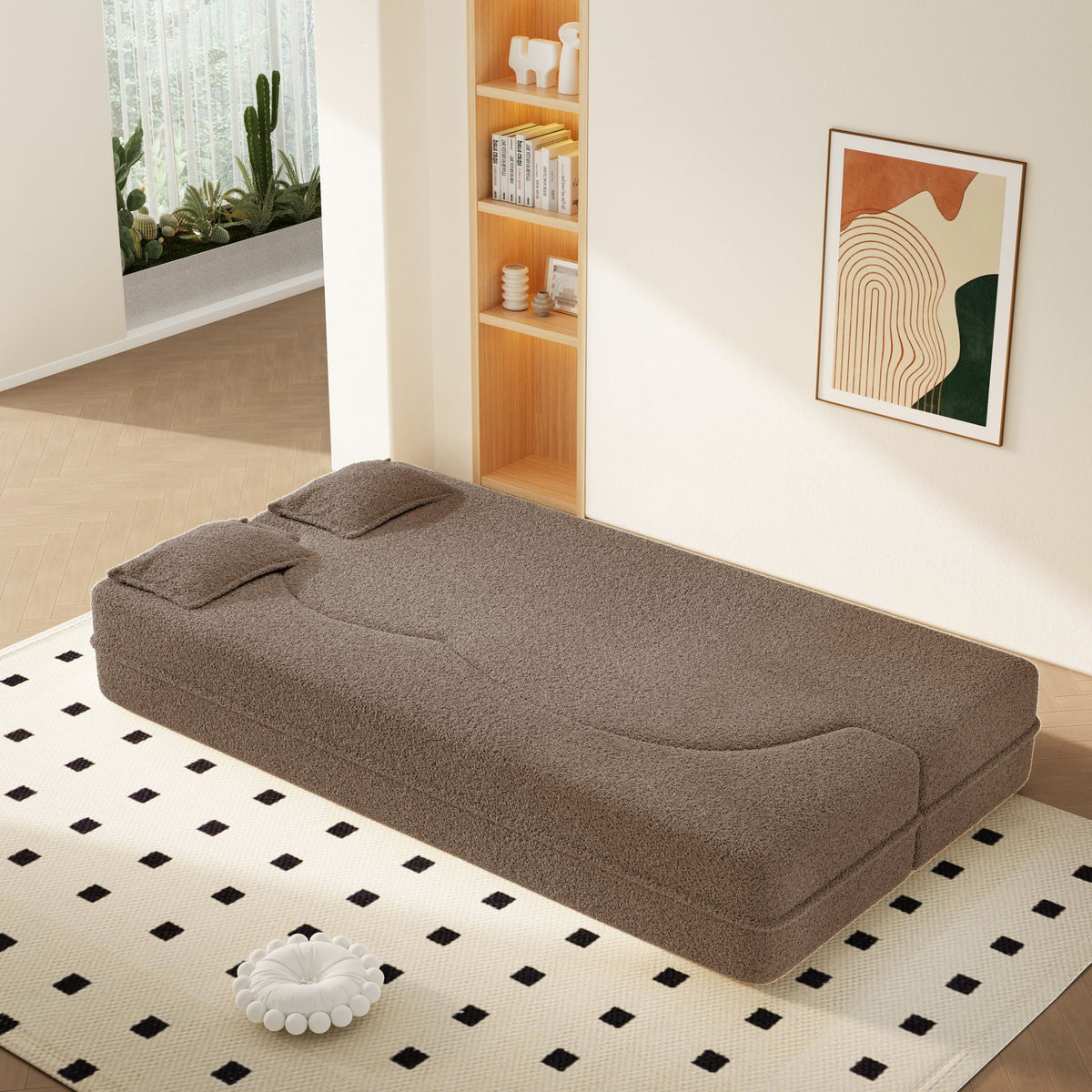 Modern Floor Sleeper Sofa Bed with 2 Pillows - Convertible Twin Size Folding Futon