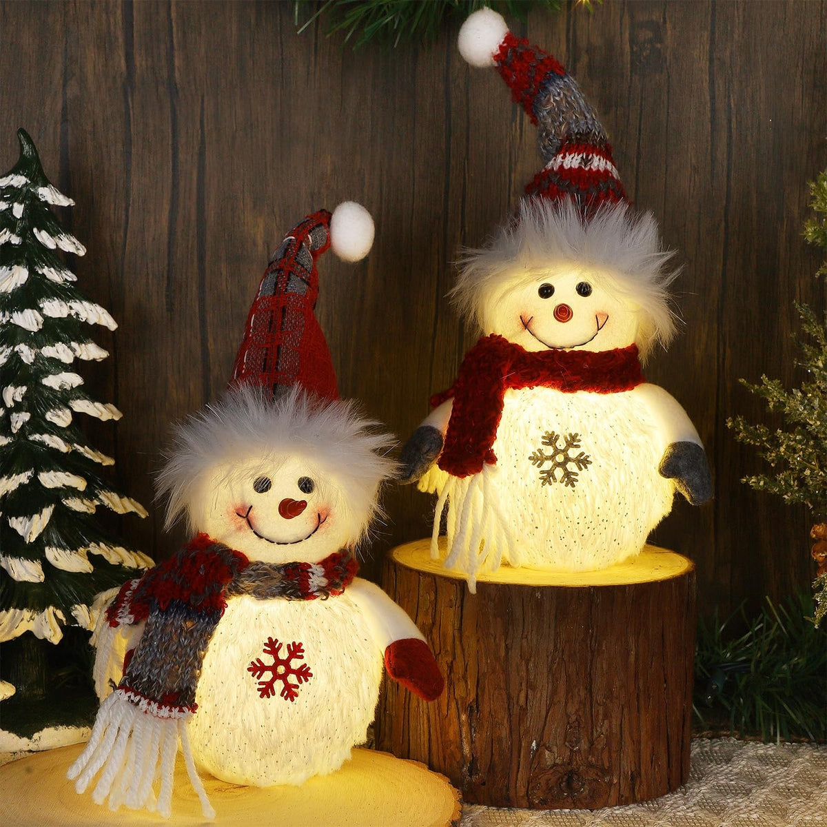 Juegoal 2 Pack Christmas Table Decorations, 10 Inch Lighted Plush Snowmen Figurines, Light Up Snowman Holiday Present, Battery Operated Xmas Gifts Winter Tabletop Ornaments Dinner Party Supplies