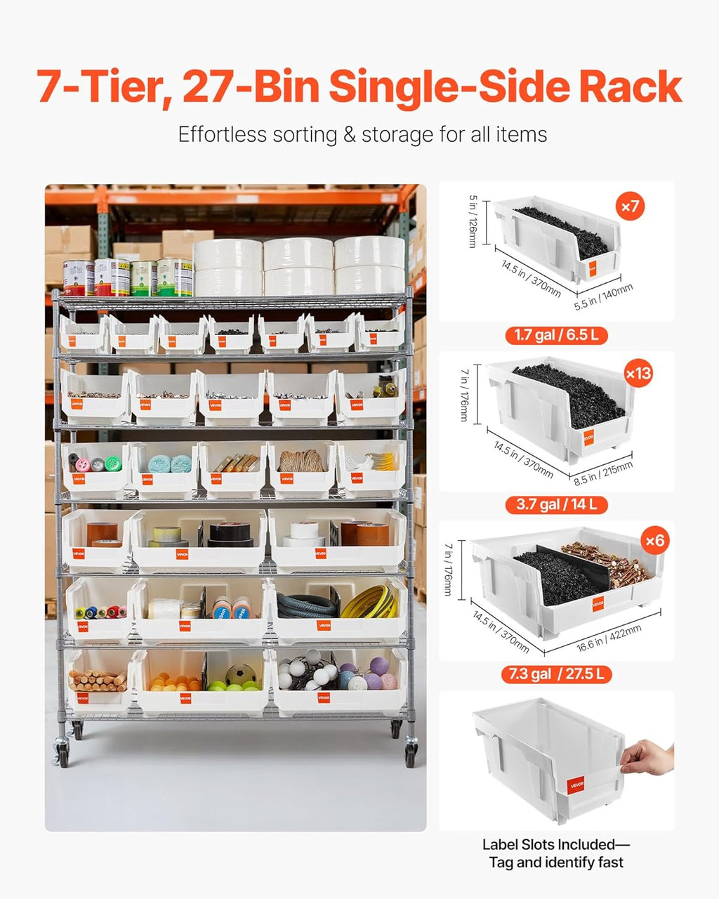 VEVOR 7-Tier Rolling Bin Storage Rack, 26 Organizer Bins, Bin Rack Storage Steel Wire Shelving System with Wheels, Mobile Tool Organizer for Garage, Warehouse, Office, Restaurant, Classroom, Kitchen