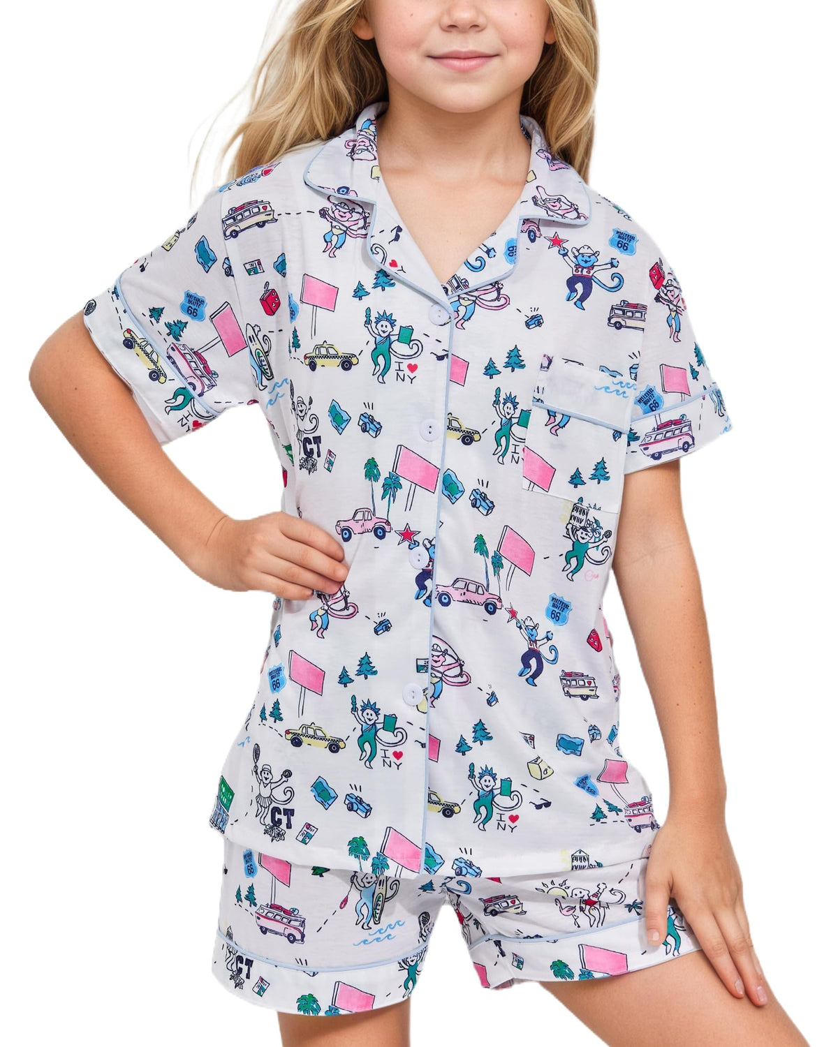 Roller Rabbit Pajamas Kids - Girls Summer 2 Piece Set - Button Down Top and Shorts