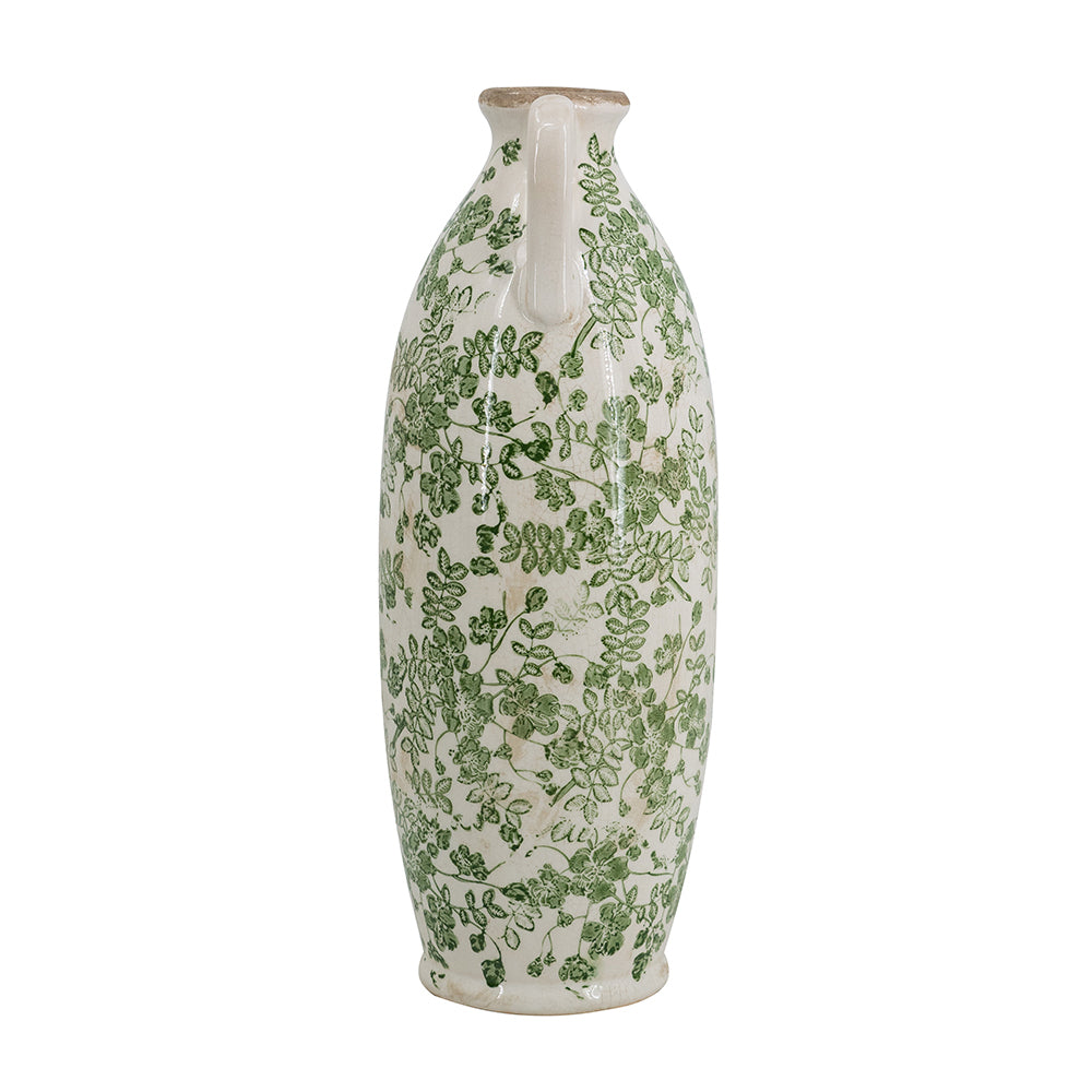 White Ceramic Flower Vase with Green Floral Pattern and Handles - White + Green