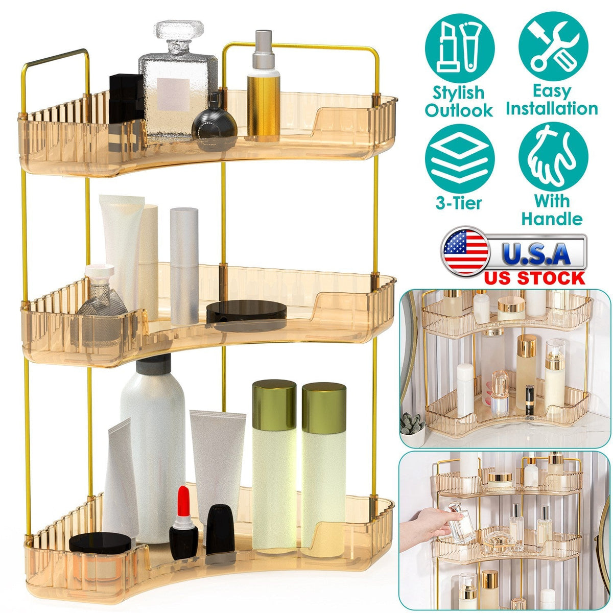 Bathroom Countertop Organizer 3 Tier Corner Makeup Storage Shelf Vanity Cosmetic Perfume Tray Clear Corner Rack for Bedroom Bathroom Kitchen