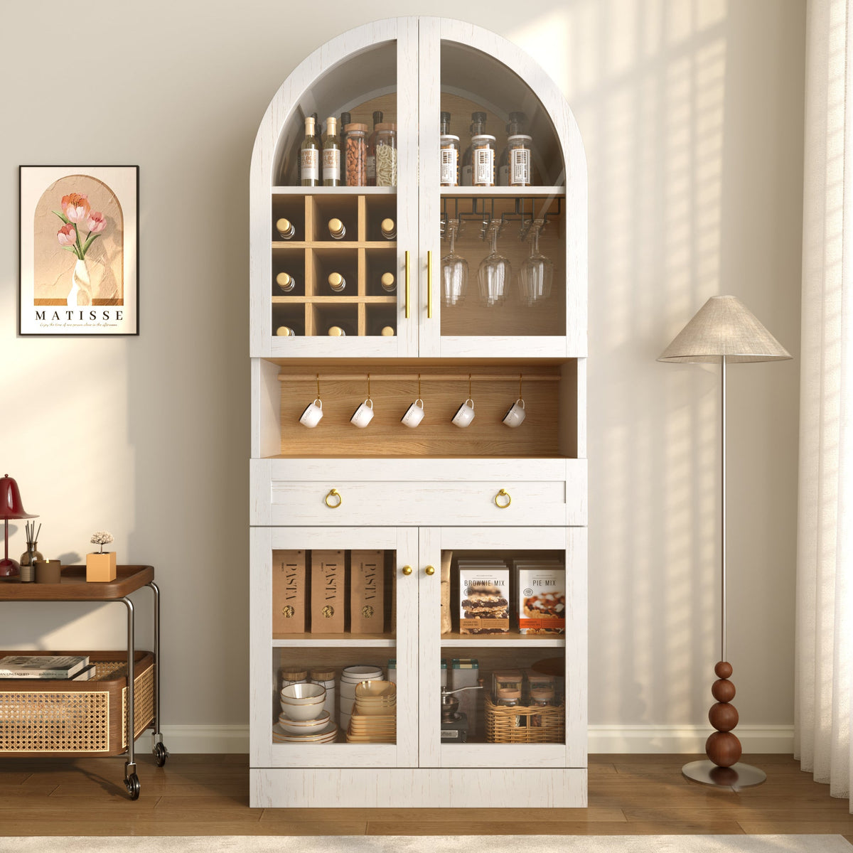 70" Tall Arched Bar Cabinet with Wine Storage and Adjustable Shelf - MDF & Metal