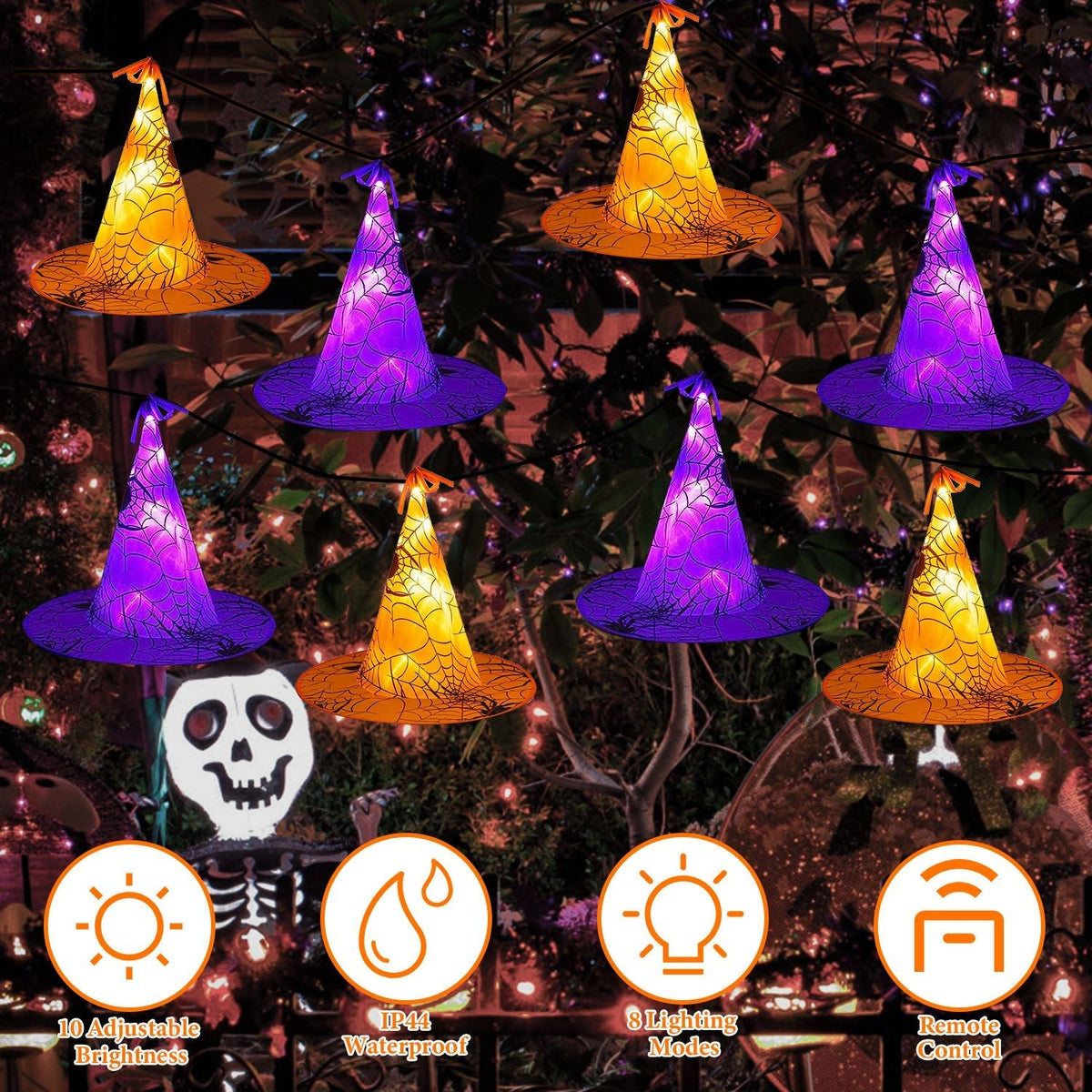 Witch Hat String Lights, 8 Hats, 13 ft