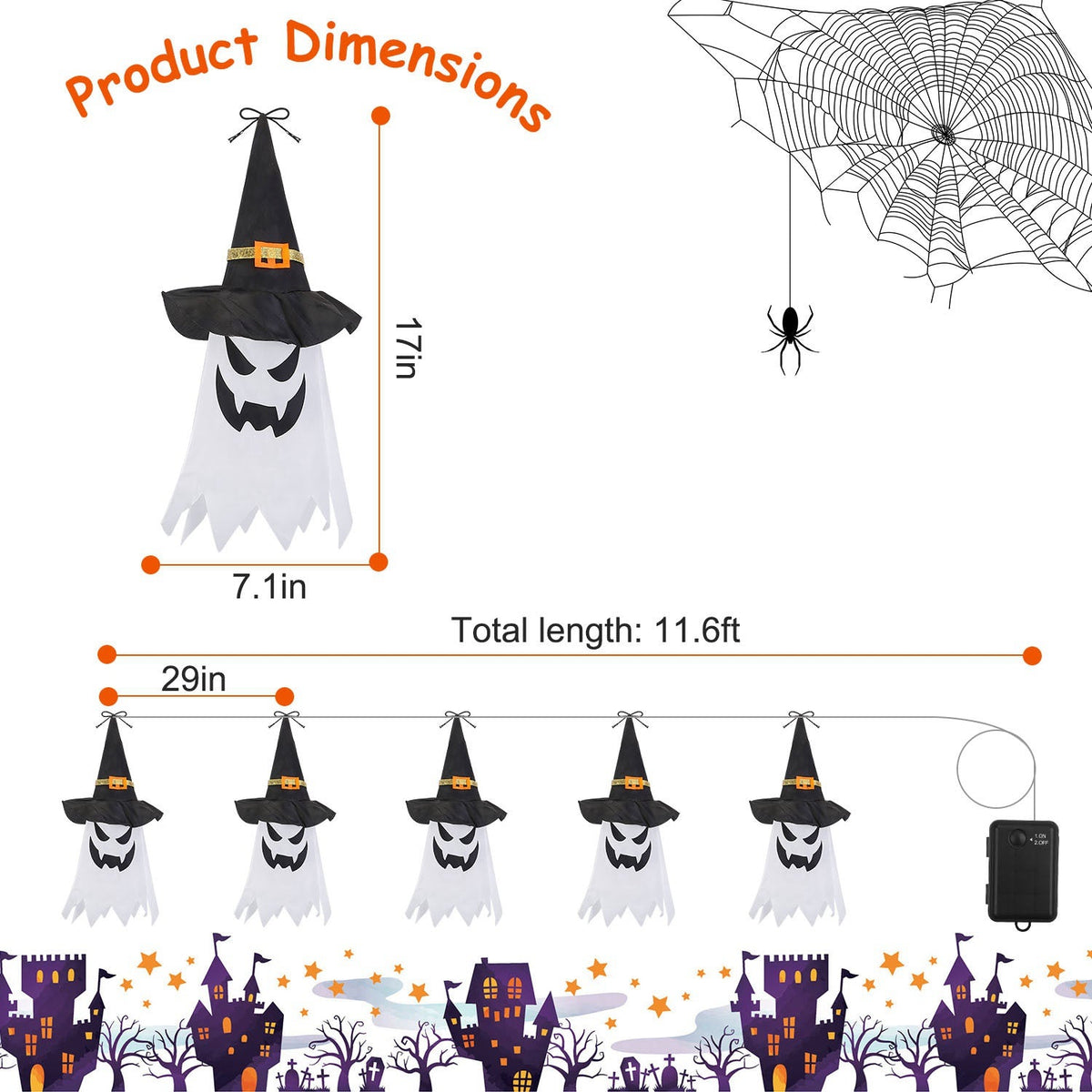 Ghost & Witch Hat Halloween String Lights, 11.6 ft