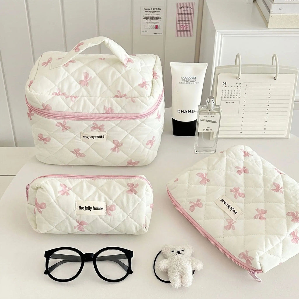 Quilted Cotton Makeup Bag with Bow – S, M or L