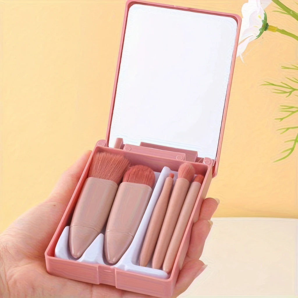 Pink 5-Piece Makeup Brush Set with Compact Mirror