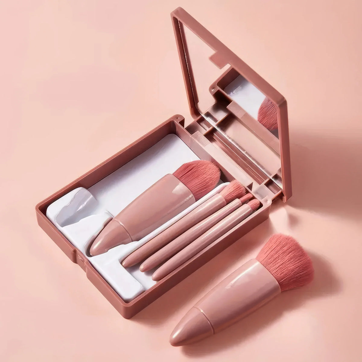 Pink 5-Piece Makeup Brush Set with Compact Mirror
