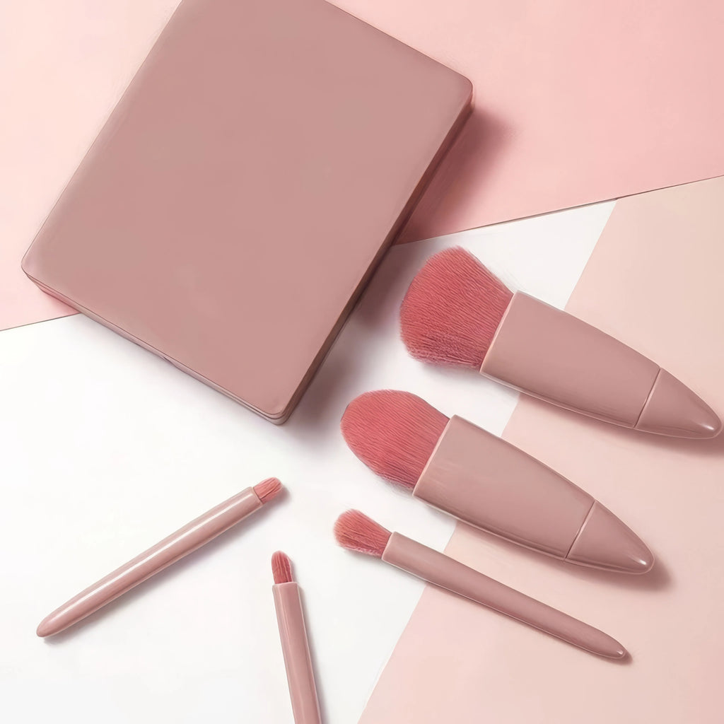 Pink 5-Piece Makeup Brush Set with Compact Mirror
