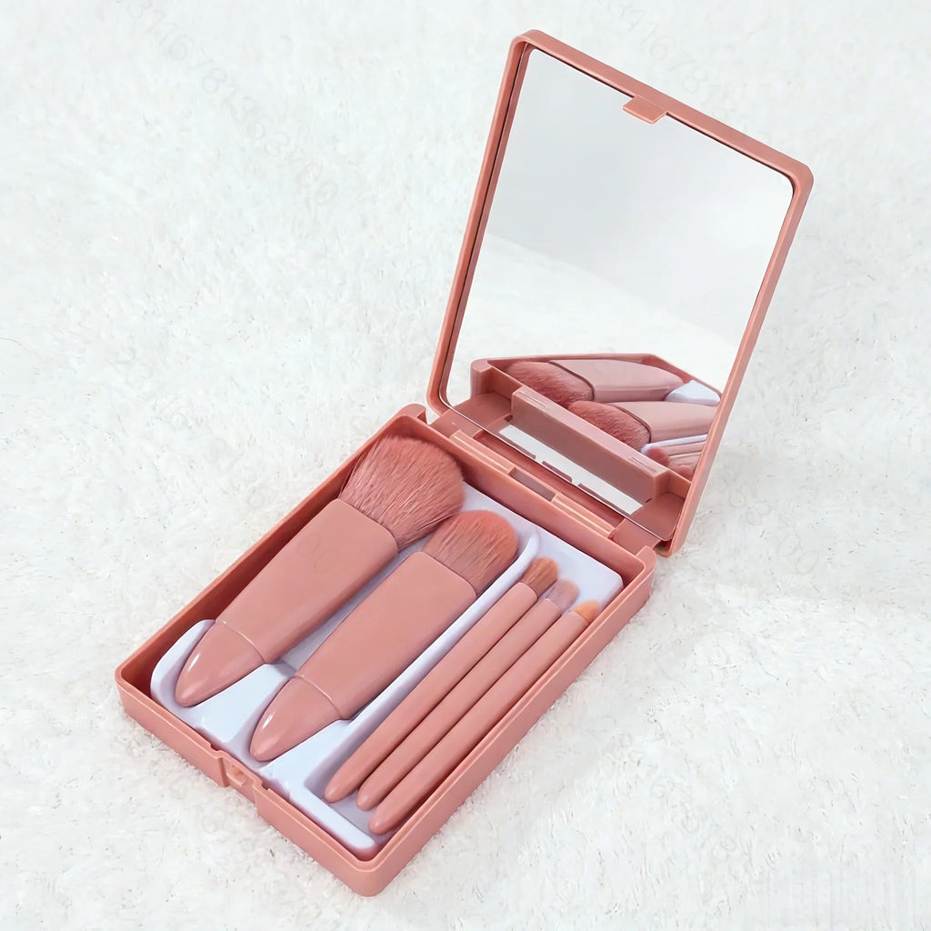 Pink 5-Piece Makeup Brush Set with Compact Mirror