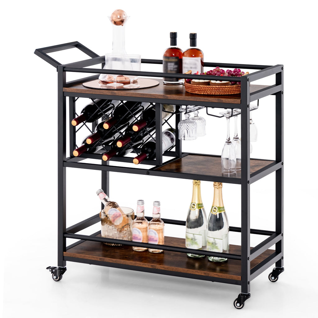 3-Tier Rolling Bar Cart with Wine Rack & Glass Holders