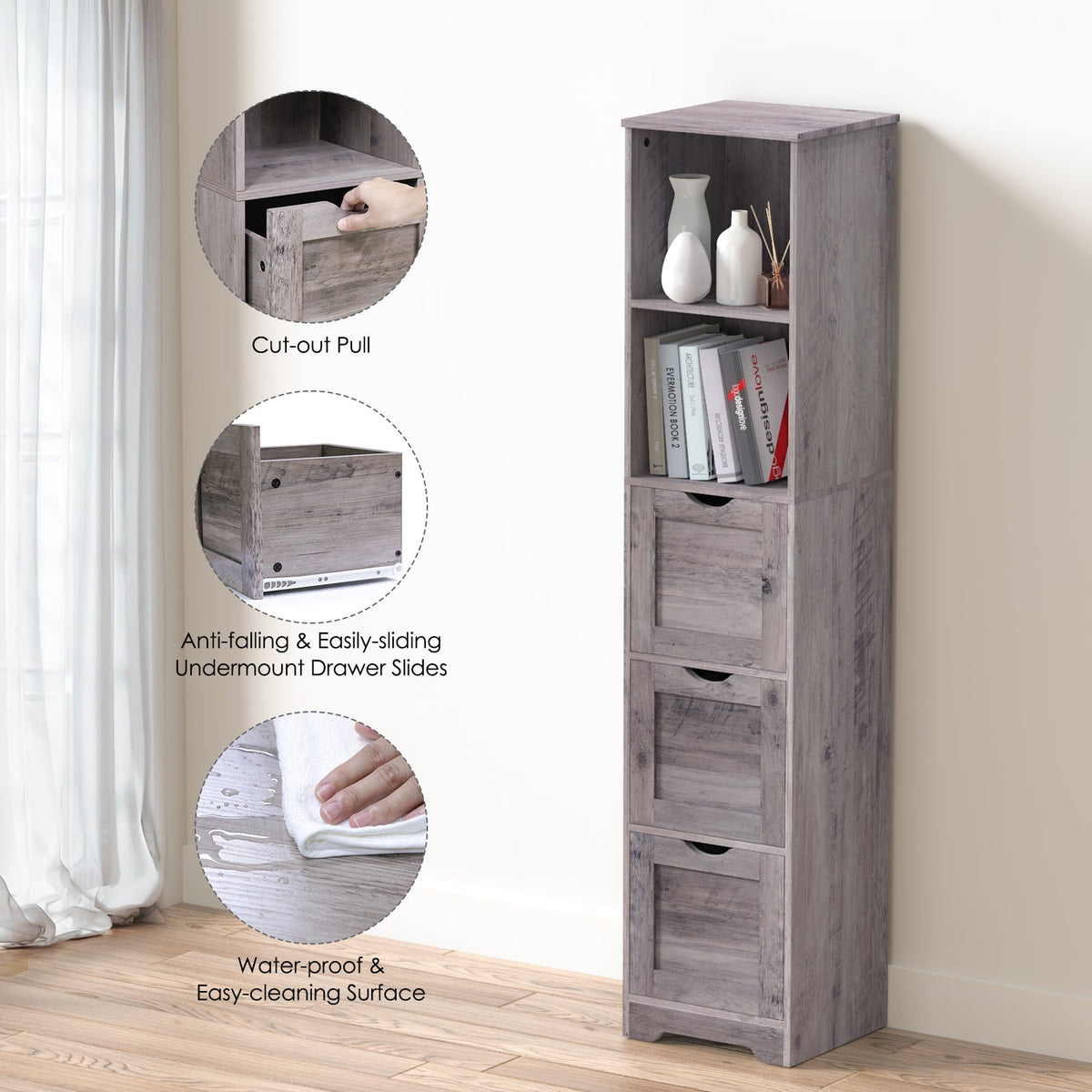 Bathroom Floor Cabinet with 3 Drawers 2 Shelves, Tall Narrow Bathroom Kitchen Pantry Storage Cabinet with Open Compartment Grey