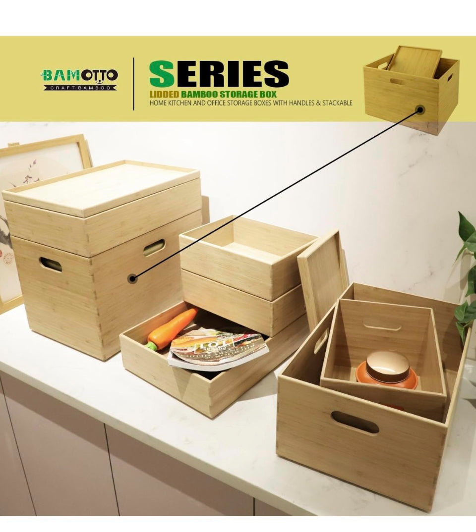 Open Box New  BAMOTTO Lidded Bamboo Storage Bins & Box/Cube/Basket, Home Kitchen and Office Storage Boxes with Handles & Stackable for Organizer Table