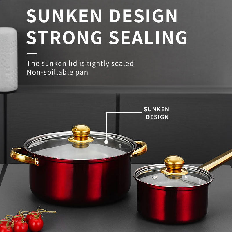 12 - piece wine - red non - stick stainless - steel soup pot set, induction - friendly for kitchen use.