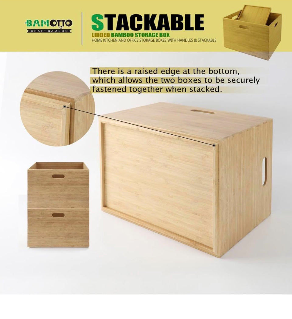 Open Box New  BAMOTTO Lidded Bamboo Storage Bins & Box/Cube/Basket, Home Kitchen and Office Storage Boxes with Handles & Stackable for Organizer Table