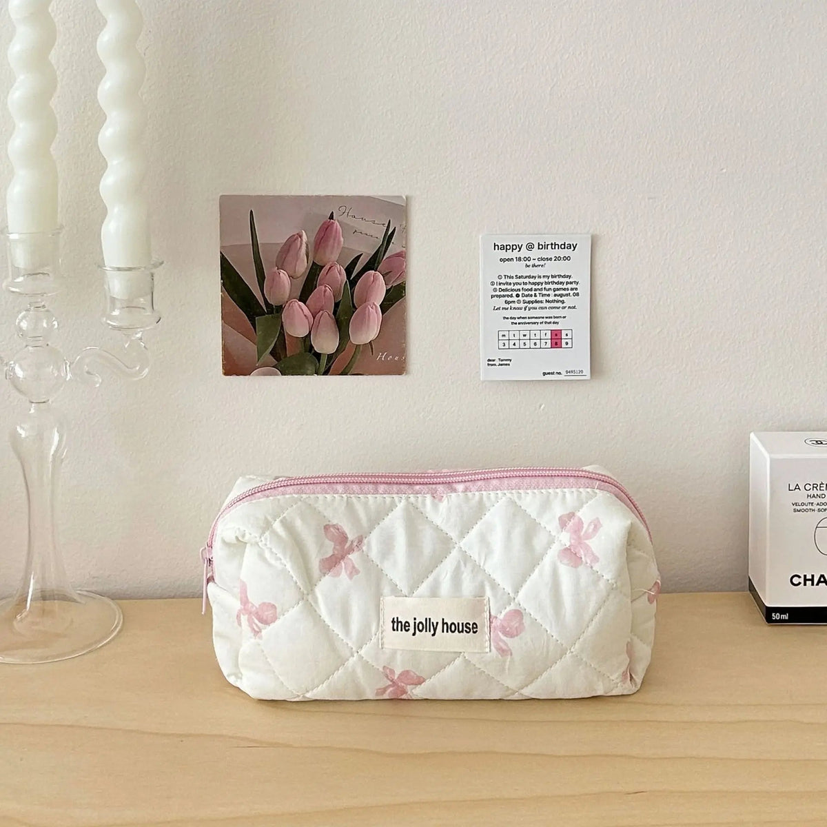 Quilted Cotton Makeup Bag with Bow – S, M or L
