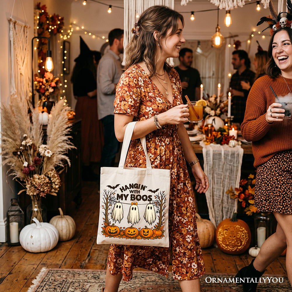 Boho Ghost & Pumpkin Halloween Tote