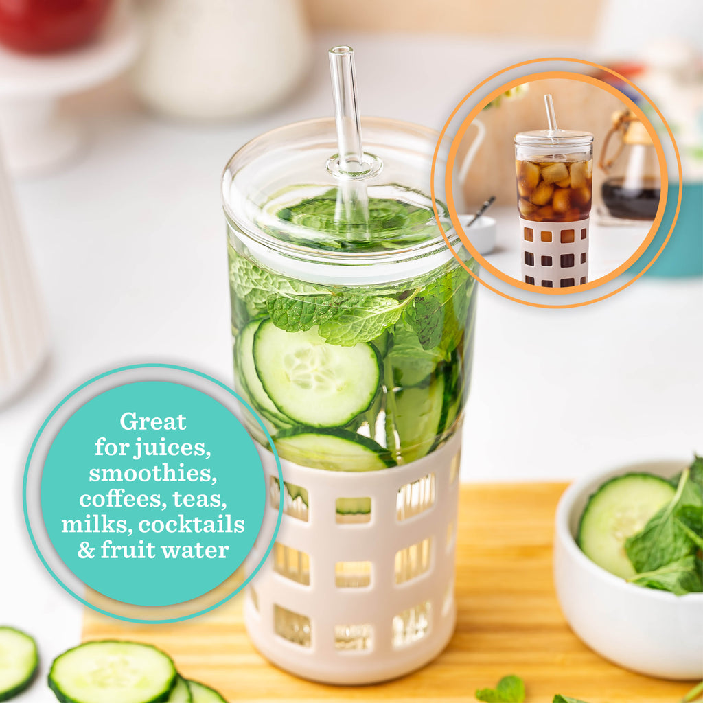 All Glass Juice Tumblers with Lid 20 oz 2 Pack