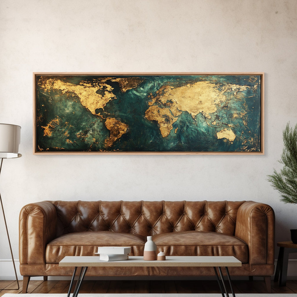 Gold World Map Framed Canvas Print