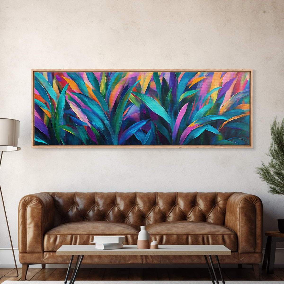 Abstract Leaves, Colorful Wall Art, Botanical Painting, Modern Home Decor, Framed Canvas Print, Boho Style, Living Room Artwork